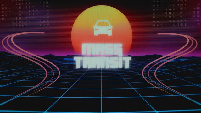 Mass Transit inscription on colorful synth wave background and car symbol. Graphic presentation. Transportation concept