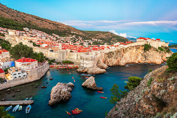Dubrovnik, Croatia: Aerial view on the old town (medieval Ragusa) surrounded by fortified walls above the Adriatic sea and Dalmatian Coast of Adriatic Sea - 791127403