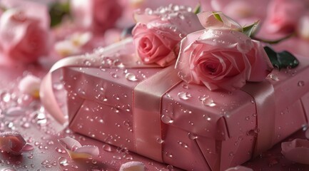 Pink Gift Box With Roses and Ribbon