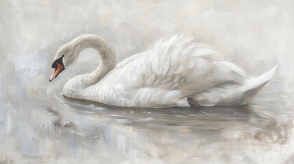 A white swan gracefully floats on the surface of a body of water