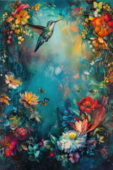 Fototapeta na wymiar A vibrant painting depicting a hummingbird in mid-flight above colorful flowers in full bloom