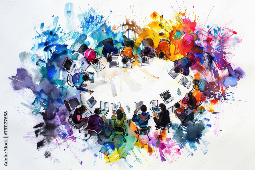 Poster a diverse group of individuals sitting in a circle, engaged in conversation and interaction with eac