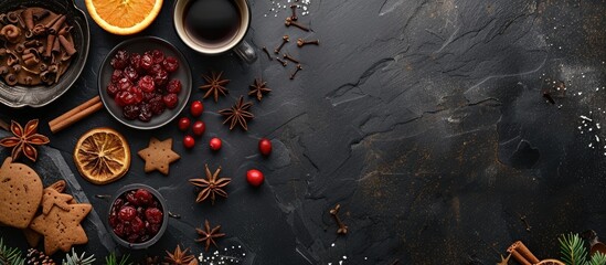 Christmas baking ingredients including gingerbread, fruitcake, and seasonal beverages on a black stone surface with cranberries, dried oranges, cinnamon, and spices. Top view with space for text. - obrazy, fototapety, plakaty