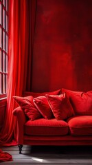 Stylish Living Room With Red Couch and Curtains