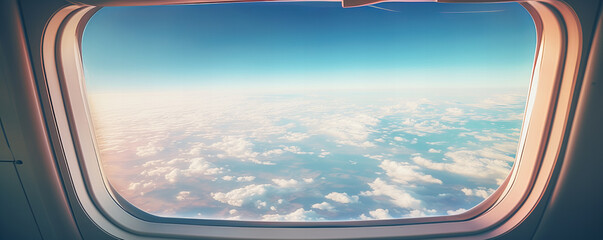Fototapeta premium The view from the plane window of the surrounding landscape and clouds, somewhere even the sun.