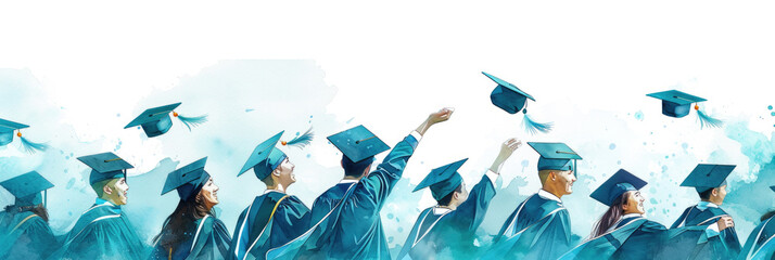 A group of graduates in cap and gown uniforms joyfully tossing their caps into the air after completing their academic journey - obrazy, fototapety, plakaty