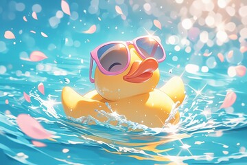 A yellow rubber duck with pink sunglasses is floating in the pool, creating a summer atmosphere. 