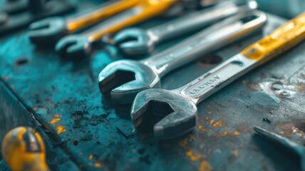 Fototapeta premium Various wrenches scattered on worn blue workbench