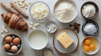  eggs, milk, bread, etc, on a pristine white surface