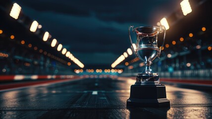 Trophy on illuminated racing track at dusk - obrazy, fototapety, plakaty