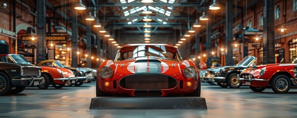 Classic elegance: A line of vintage sports cars showcased in an industrial-style showroom - obrazy, fototapety, plakaty