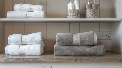 Stack of neatly folded white and grey towels on shelf in modern bathroom - obrazy, fototapety, plakaty