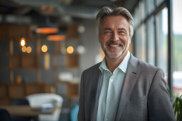 Fototapeta premium Lächelnder, selbstbewusster, reifer Geschäftsmann blickt im Büro in die Kamera. Eleganter, stilvoller Unternehmensführer, erfolgreicher CEO