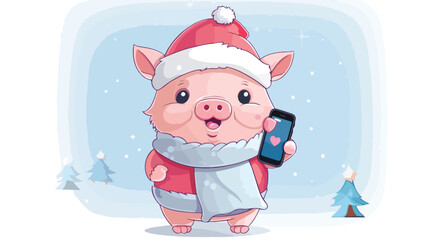 Christmas greeting card. Cute pig wearing Santa Cla