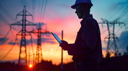 Silhouetted Electrician with Clipboard at Sunset, Power Lines and Energy Infrastructure, Industrial Sunset Scene. AI