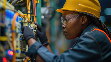 African female technician engineer with helmet and protection eyeglasses checking machine in a factory
