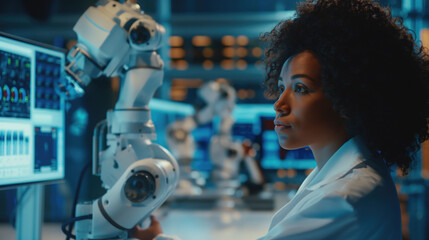 African American female engineer training AI robot training and mechatronics engineering in the scientific laboratory