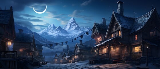 Winter village at night with crescent moon and mountains in the background