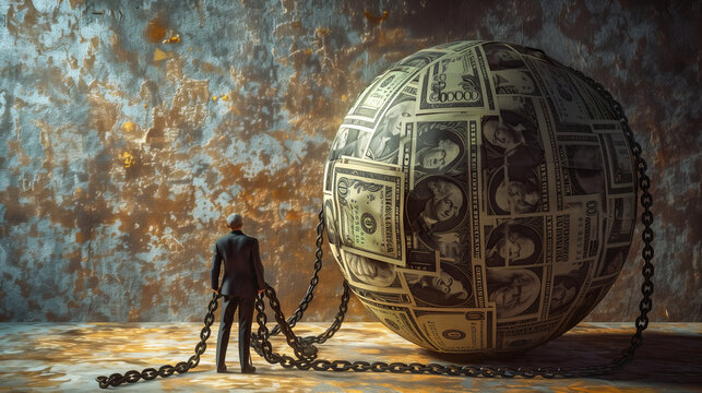 The debt titan. A man in front of a colossal ball of money, representing the burden of debt slavery and financial crisis plaguing modern society