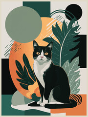 A black and white cat amid geometric shapes and abstract leaf patterns vector art