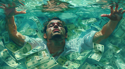 Man grappling with the overwhelming currents of financial crisis under a sea of debt. A person struggles to stay afloat amidst a cascade of dollar bills, symbolizing the oppressive weight of debt - obrazy, fototapety, plakaty