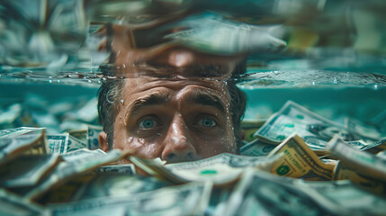 The deep dive into debt. A man submerged under a sea of money, symbolizing the suffocation and drowning effect of debt slavery in todays financially troubled society - obrazy, fototapety, plakaty