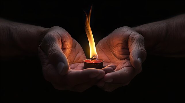 Careful hands holding a burning match on a dark background. Concept of idea and fragility. A symbol of hope and warmth. AI