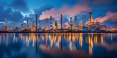 Naklejka premium Industriepark mit einer Ölfabrik und einem Hafen davor, beleuchtet durch Lichter. Schornsteine, aus denen Dampf austritt, oder leichte Wolken aus Gebäuden, Spiegelung im Wasser, Konzept Industrie