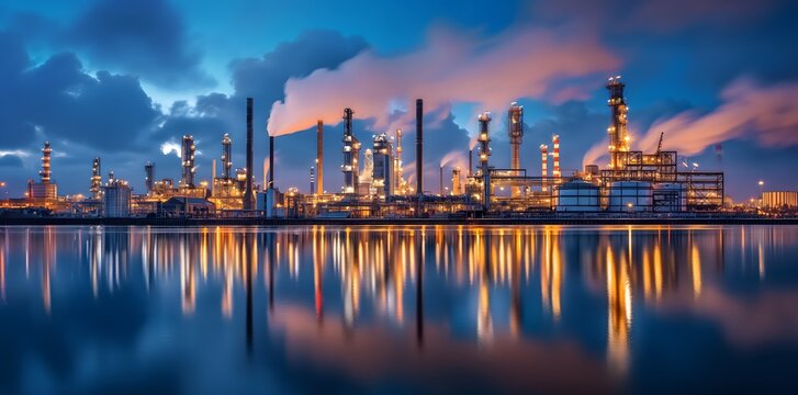 Industriepark mit einer &Ouml;lfabrik und einem Hafen davor, beleuchtet durch Lichter. Schornsteine, aus denen Dampf austritt, oder leichte Wolken aus Geb&auml;uden, Spiegelung im Wasser, Konzept Industrie