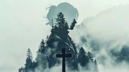 Double exposure portrait of young woman with cross and forest. Christian concept