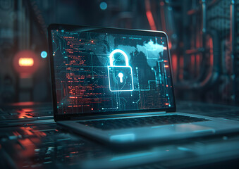 Notebook with a blue padlock on the screen, A padlock representing tecnology information security, illustrative image programming codes, security concept.