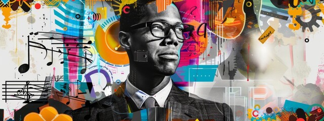 Artistic collage of African American man surrounded by colorful urban and musical elements