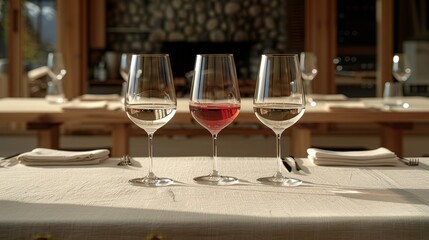   Three glasses of red and white wine on a table against a backdrop of a dining room setting for four