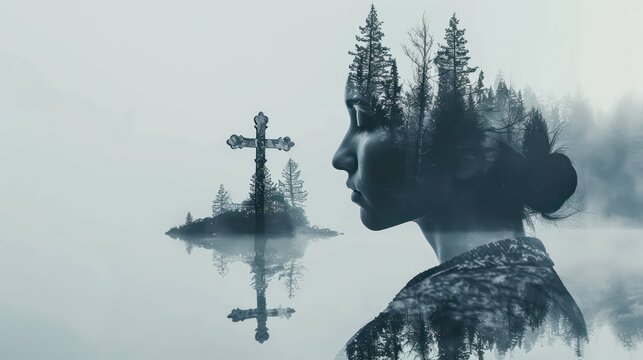 Double exposure portrait of young woman with cross and forest. Christian concept