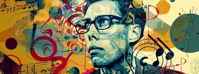 Artistic collage of man with glasses amid abstract and musical elements