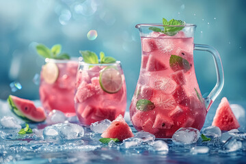 refreshing watermelon agua fresca with ice and mint in a glass pitcher - obrazy, fototapety, plakaty