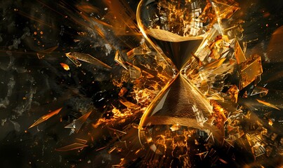 Explosive digital art hourglass shattering against a dynamic fiery backdrop