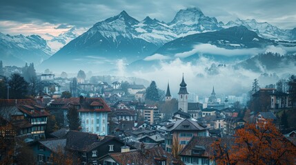 Swiss alps in overcast weather with old town in foreground, scenic view of the majestic mountains - obrazy, fototapety, plakaty