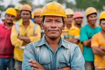 Swarthy male worker at the workplace wearing a helmet with crossed arms, workers in the background.