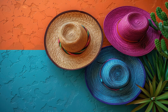 ibrant sombreros on textured background with cactus for cultural celebration