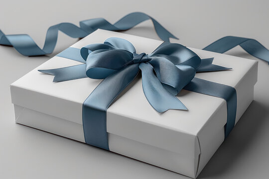 sleek gift box with luxurious blue satin ribbon on neutral background