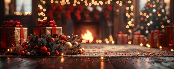 Warm and festive Christmas scene with beautifully wrapped gifts, glowing lights, and a cozy fireplace
