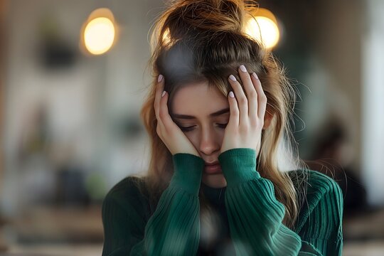 Junge traurige Frau im B&uuml;ro, ersch&ouml;pft mit Problemen, Konzept Stress, Burnout, &Uuml;berforderung