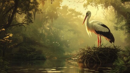 A tranquil scene is depicted with a stork peacefully perched in its nest