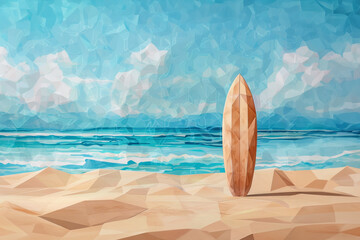 Surfboard on sandy tropical beach. Ocean waves at the background