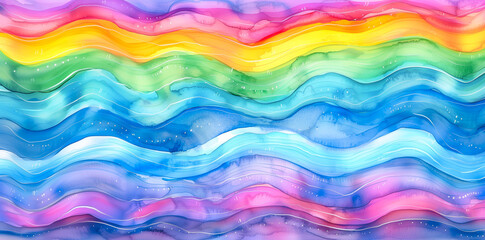 Rainbow wave abstract colorful background. Water waves, sky clouds texture blue, yellow, pink copy space for text. Ripples cartoon, ocean wave illustration for pool swim party, beach travel