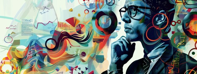 Dynamic digital collage featuring a thoughtful man amid abstract colorful elements