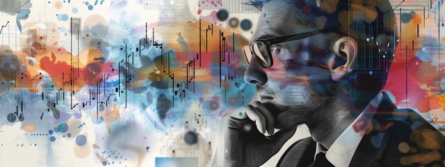 Businessman thinking amid a colorful, abstract art overlay, representing creativity and analytics