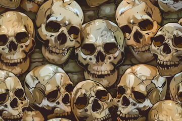 A seamless pattern of skulls, each with an expressive grin and visible teeth - obrazy, fototapety, plakaty