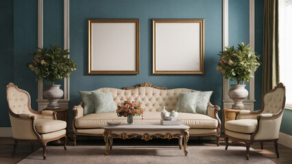 Living room with mockup of two blank square frames, beige sofa and ornate table. 3d illustration,...